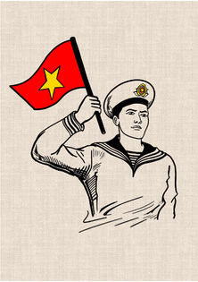 Vietnamese naval sailor holding the red and yellow Vietnam flag in a graphic tattoo design by DN Tattoo in Da Nang, Vietnam.