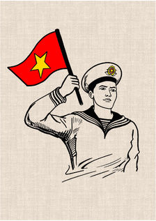Vietnamese naval sailor holding the red and yellow Vietnam flag in a graphic tattoo design by DN Tattoo in Da Nang, Vietnam.
