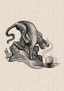 Elephant walking across stylized mountains with flowing landscape lines and sun, blackwork animal tattoo design by DN Tattoo Vietnam
