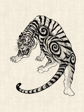 Dynamic tiger with spiral body patterns and curved tail, graphic blackwork animal tattoo design by DN Tattoo Vietnam