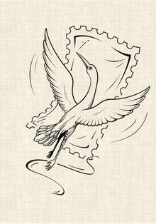 Flying crane with spread wings and vintage postage stamp frame in black linework tattoo design by DN Tattoo Vietnam