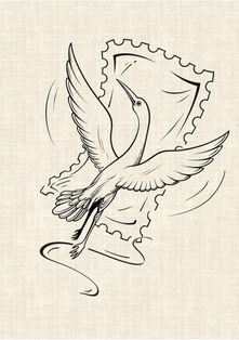 Flying crane with spread wings and vintage postage stamp frame in black linework tattoo design by DN Tattoo Vietnam