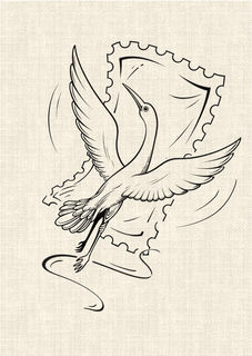 Flying crane with spread wings and vintage postage stamp frame in black linework tattoo design by DN Tattoo Vietnam