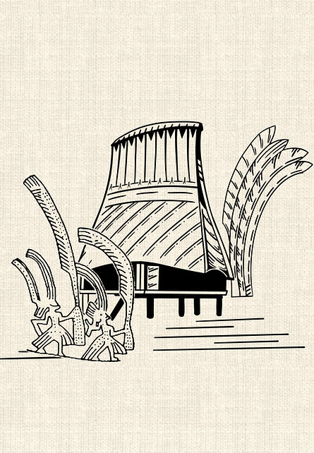 Vietnamese Central Highlands communal house with traditional gong performers black linework tattoo design by DN Tattoo Vietnam