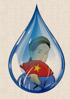 Vietnamese woman holding the Vietnam flag inside a blue water droplet, symbolic graphic tattoo design by DN Tattoo in Da Nang, Vietnam.