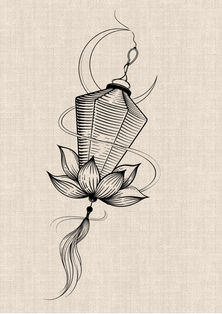 Crescent moon and lotus lantern tattoo design with fine linework, flowing ornamental details and hanging tassel by DN Tattoo in Da Nang, Vietnam.