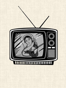 Vintage television with traditional Vietnamese woman black linework tattoo design by DN Tattoo Vietnam