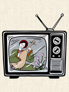 Vintage television with Vietnamese woman playing đàn tỳ bà and lotus flowers graphic tattoo design by DN Tattoo Vietnam