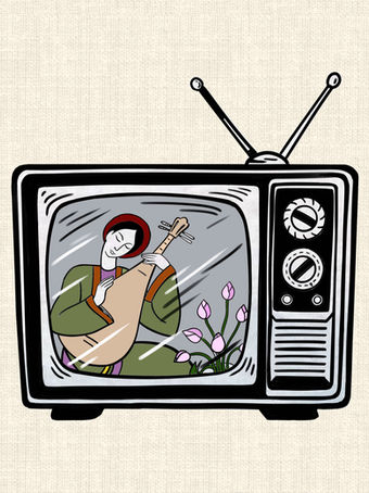 Vintage television with Vietnamese woman playing đàn tỳ bà and lotus flowers graphic tattoo design by DN Tattoo Vietnam
