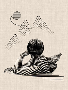 Vietnamese mother holding her child with mountains and rising sun minimalist black linework tattoo design by DN Tattoo Vietnam