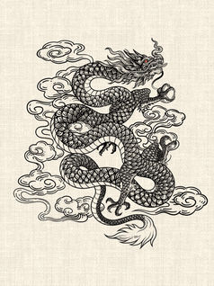 Vietnamese dragon with detailed scales and traditional clouds in black graphic tattoo design by DN Tattoo Vietnam