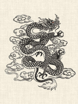 Vietnamese dragon with detailed scales and traditional clouds in black graphic tattoo design by DN Tattoo Vietnam