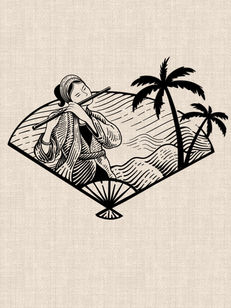 Vietnamese flute player with mountains and palm trees inside a folding fan in black linework tattoo design by DN Tattoo Vietnam