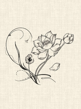 Lotus flower and dandelion with flowing black linework botanical tattoo design by DN Tattoo Vietnam