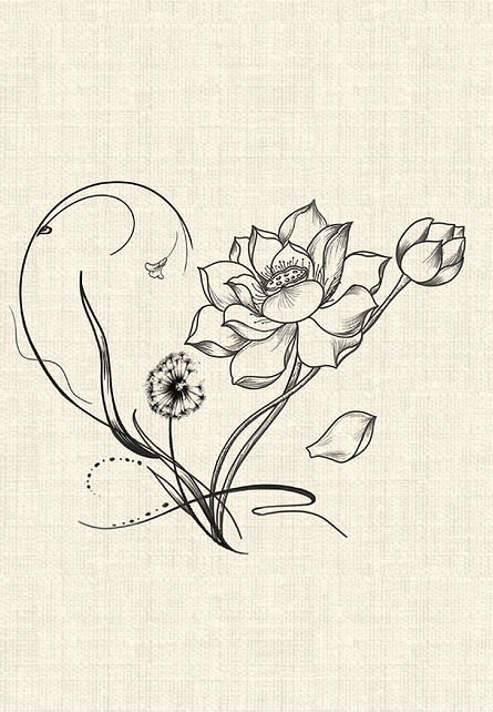 Lotus flower and dandelion with flowing black linework botanical tattoo design by DN Tattoo Vietnam