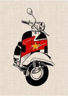 Vintage scooter with Vietnamese red flag and yellow star graphic tattoo design by DN Tattoo in Da Nang, Vietnam.