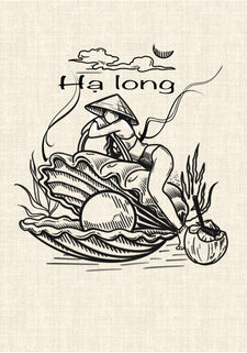 Vietnamese woman in a conical hat discovering a giant pearl inside an open shell in Ha Long Bay, illustrated as a black linework tattoo design by DN Tattoo in Da Nang, Vietnam.