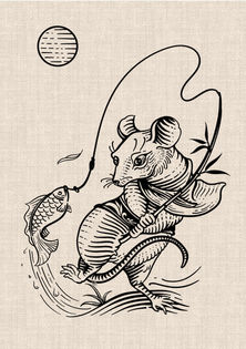 Vietnamese rat fishing with a traditional fishing rod and jumping fish, graphic blackwork tattoo design by DN Tattoo Vietnam