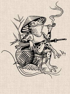 Smoking frog samurai with katana, straw hat and bamboo in black linework tattoo design by DN Tattoo Vietnam