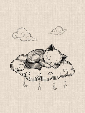 Sleeping cat tattoo design on stylized clouds with hanging moon and star details by DN TATTOO Studio in Da Nang, Vietnam.