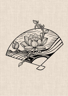 Vietnamese lotus flower and traditional folding fan with flowing wave patterns black linework tattoo design by DN Tattoo Vietnam
