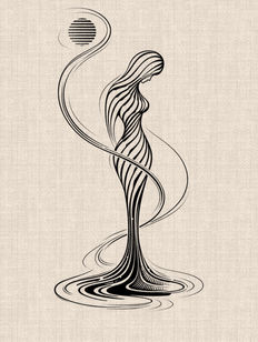 Abstract female silhouette tattoo design with flowing black lines, fluid curves and striped sun by DN Tattoo in Da Nang, Vietnam.