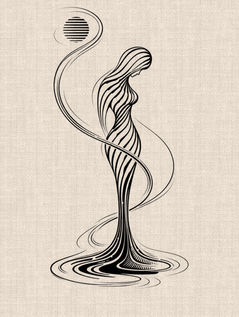 Abstract female silhouette tattoo design with flowing black lines, fluid curves and striped sun by DN Tattoo in Da Nang, Vietnam.