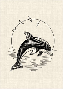 Dolphin jumping above ocean water with sunset and flying birds in black linework tattoo design by DN Tattoo Vietnam