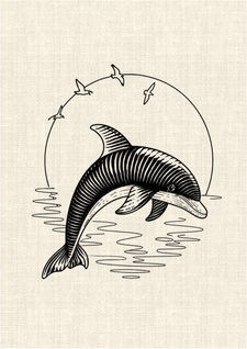 Dolphin jumping above ocean water with sunset and flying birds in black linework tattoo design by DN Tattoo Vietnam