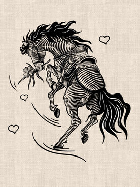 Armored samurai horse holding a flower in Japanese-inspired black linework tattoo design by DN Tattoo Vietnam