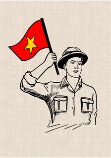 Vietnamese soldier holding the red national flag with yellow star graphic tattoo design by DN Tattoo in Da Nang, Vietnam.
