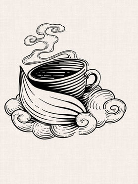 Steaming coffee cup with botanical leaf and flowing clouds in black linework graphic tattoo design by DN Tattoo Vietnam