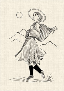 Vietnamese mountain woman carrying a traditional woven basket in a flowing black linework tattoo design by DN Tattoo in Da Nang, Vietnam.