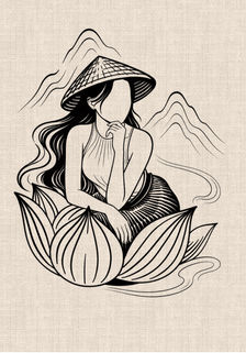 Vietnamese woman wearing a conical hat seated among lotus petals with flowing hair and mountain scenery in a black linework tattoo design by DN Tattoo in Da Nang, Vietnam.