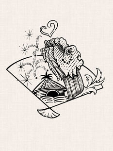 Sushi roll with Japanese folding fan, traditional house and heart in black linework graphic tattoo design by DN Tattoo Vietnam