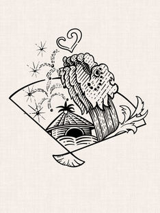 Sushi roll with Japanese folding fan, traditional house and heart in black linework graphic tattoo design by DN Tattoo Vietnam