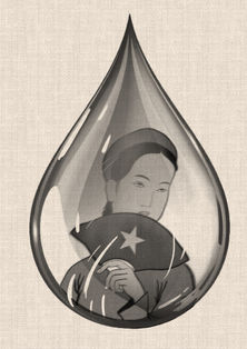 Black and grey Vietnamese woman holding the Vietnam flag inside a water droplet, symbolic graphic tattoo design by DN Tattoo in Da Nang, Vietnam.