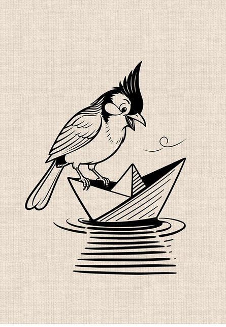 Blackwork bird perched on a paper boat tattoo design with minimalist water details by DN TATTOO Studio in Da Nang, Vietnam.