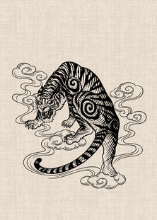 Dynamic tiger surrounded by traditional Asian clouds, black graphic linework tattoo design by DN Tattoo Vietnam