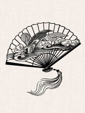 Koi fish swimming through Japanese waves and clouds inside a folding fan in black linework tattoo design by DN Tattoo Vietnam