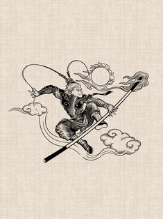 Sun Wukong Monkey King leaping through clouds with staff in black linework tattoo design by DN Tattoo Vietnam