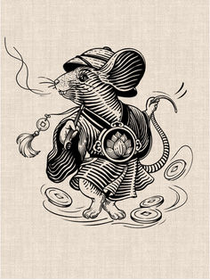 Vietnamese fortune rat with traditional clothing, lotus ornament and ancient coins, graphic blackwork tattoo design by DN Tattoo Vietnam