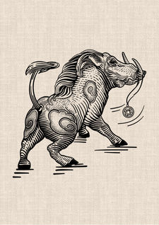 Vietnamese water buffalo with cloud motifs and traditional coin, black graphic animal tattoo design by DN Tattoo Vietnam