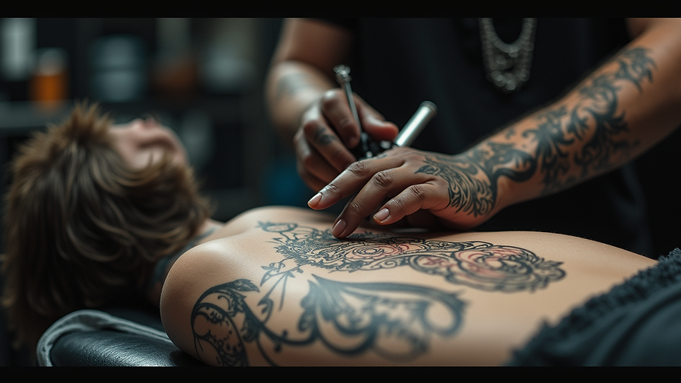 Close-up view of a tattoo studio with artistic designs