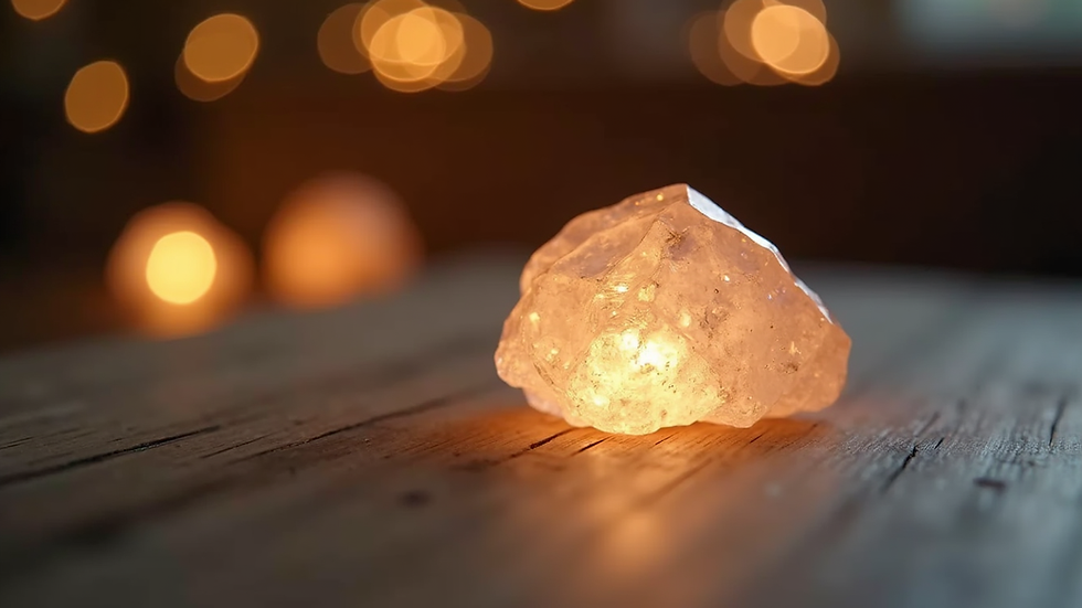 Close-up view of a softly glowing crystal on a wooden surface