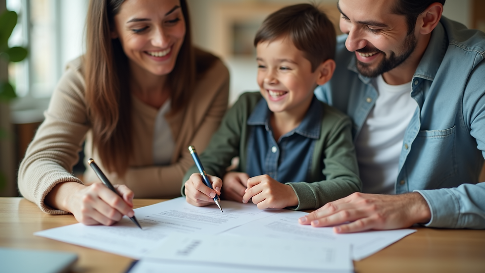 High angle view of a family happily signing home purchase documents