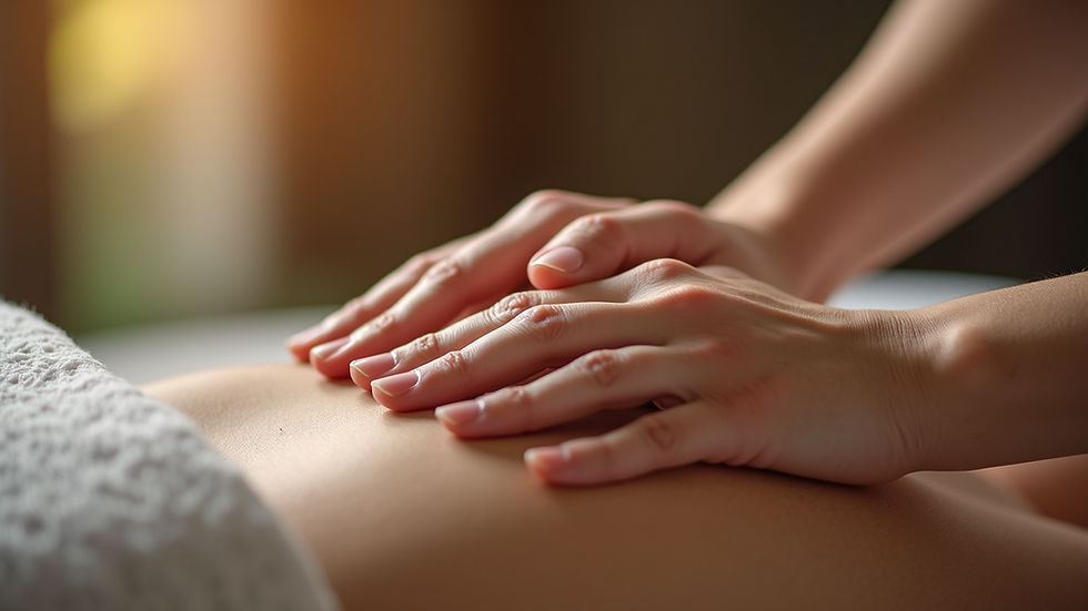 Close-up view of Reiki practitioner’s hands gently hovering over a client during a session