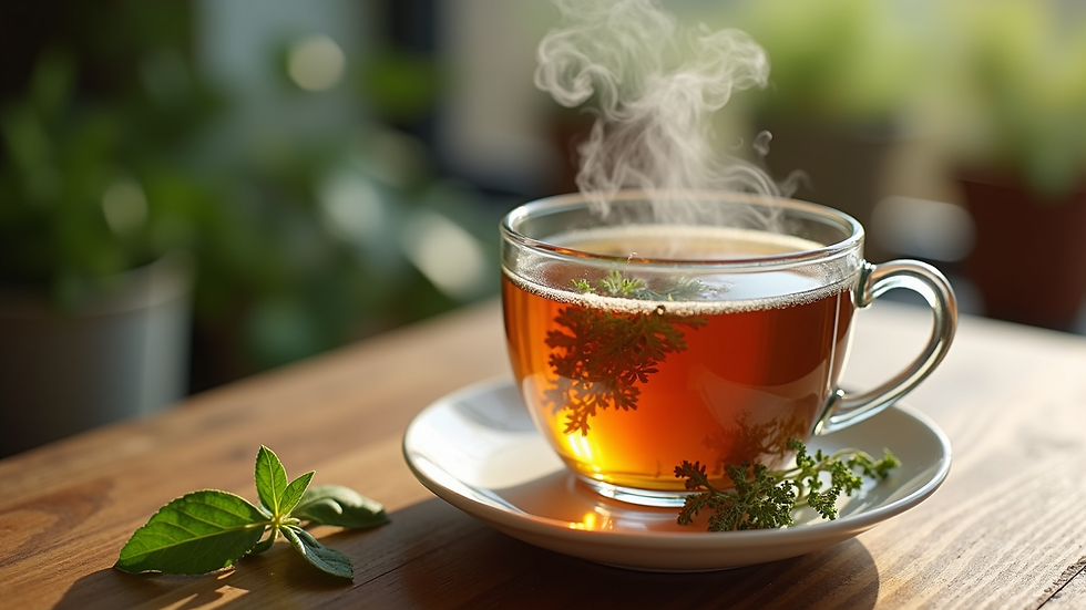 Close-up view of a steaming cup of herbal tea with fresh herbs on a wooden table