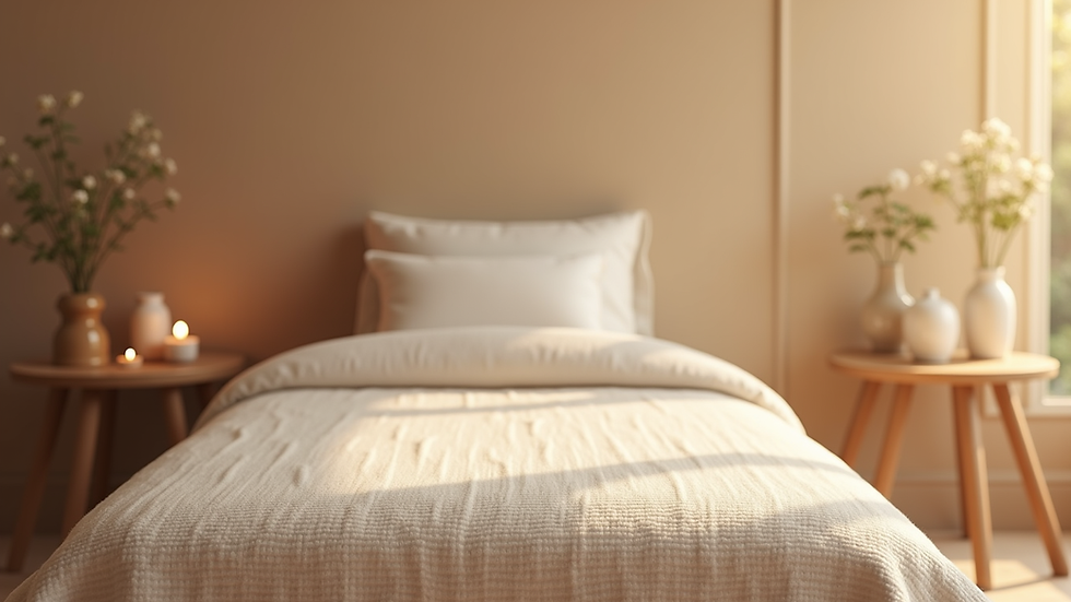 Eye-level view of a serene Reiki healing room with soft lighting and calming decor