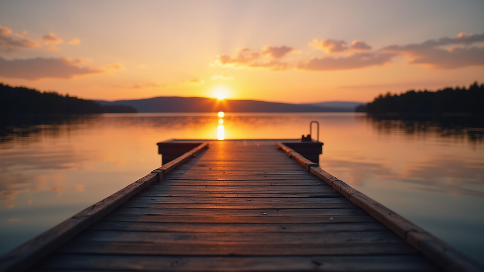 Close-up view of a wooden dock extending into Lake Winnipesaukee at sunset